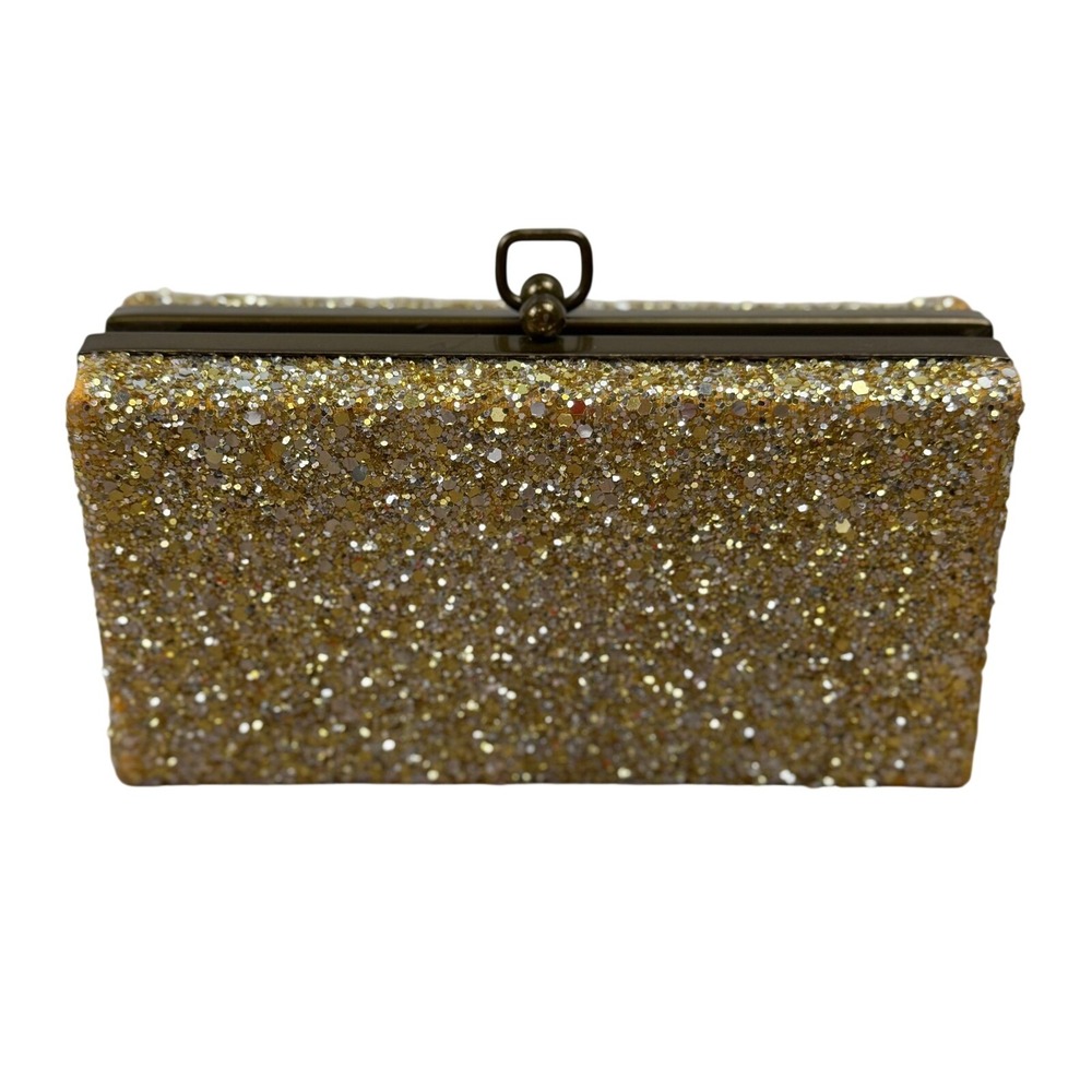 J. Crew Gold Glitter Minaudiere Box Clutch‎ Evening Bag Brass Frame